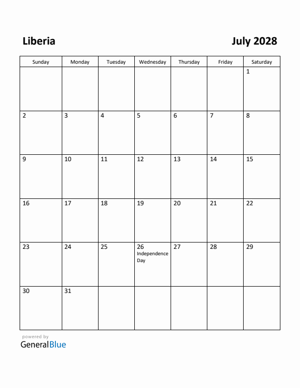July 2028 Calendar with Liberia Holidays