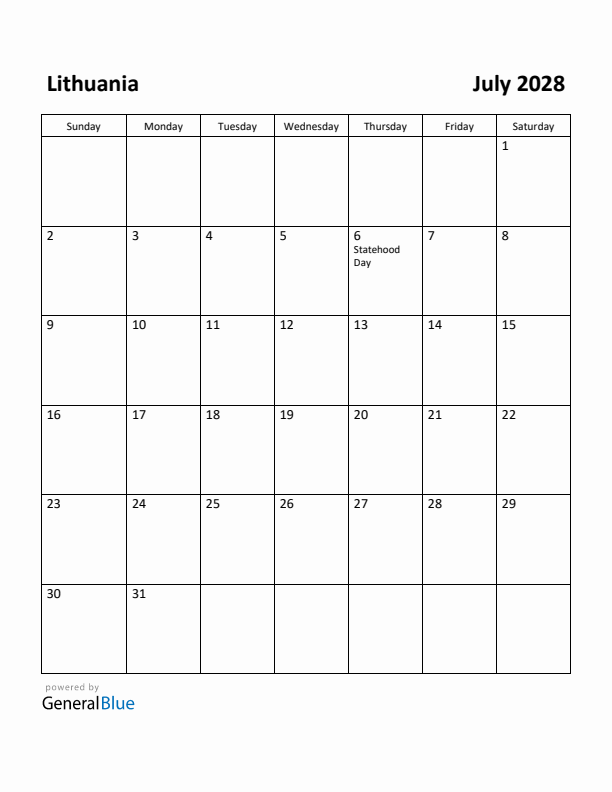 July 2028 Calendar with Lithuania Holidays