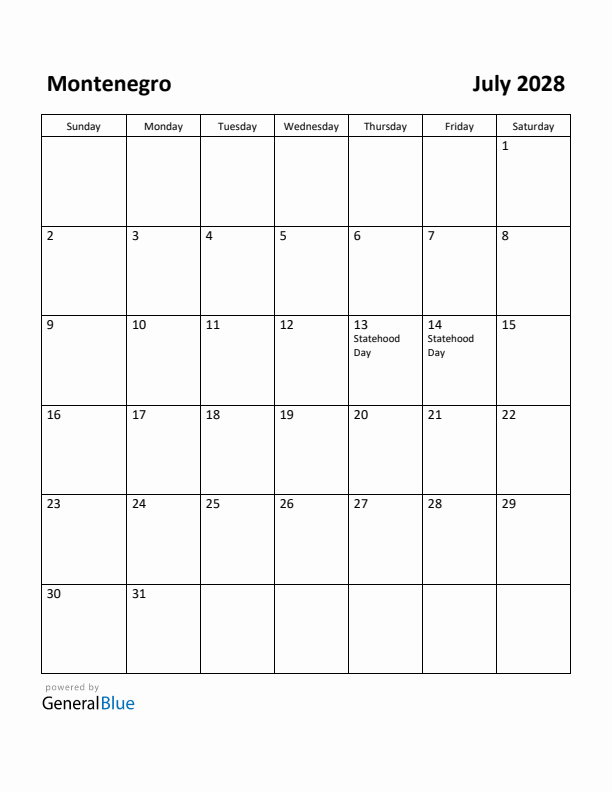 July 2028 Calendar with Montenegro Holidays