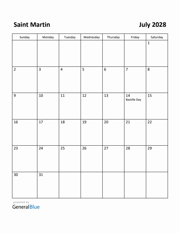 July 2028 Calendar with Saint Martin Holidays