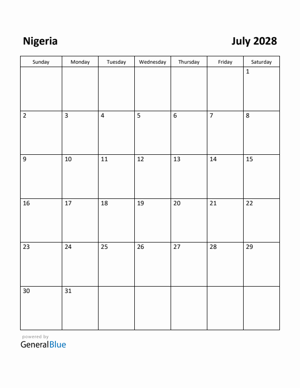 July 2028 Calendar with Nigeria Holidays