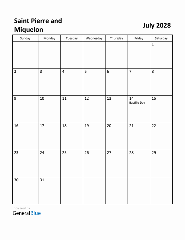 July 2028 Calendar with Saint Pierre and Miquelon Holidays