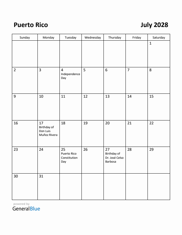 July 2028 Calendar with Puerto Rico Holidays