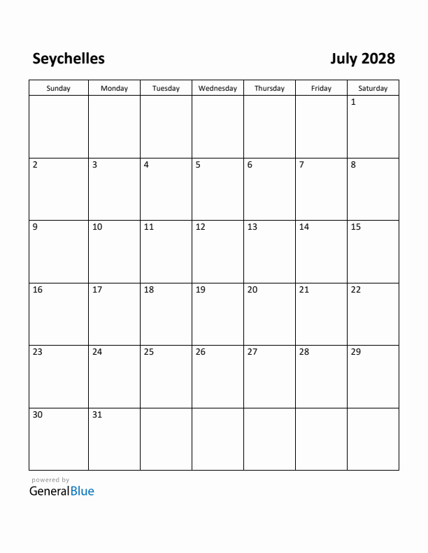 July 2028 Calendar with Seychelles Holidays