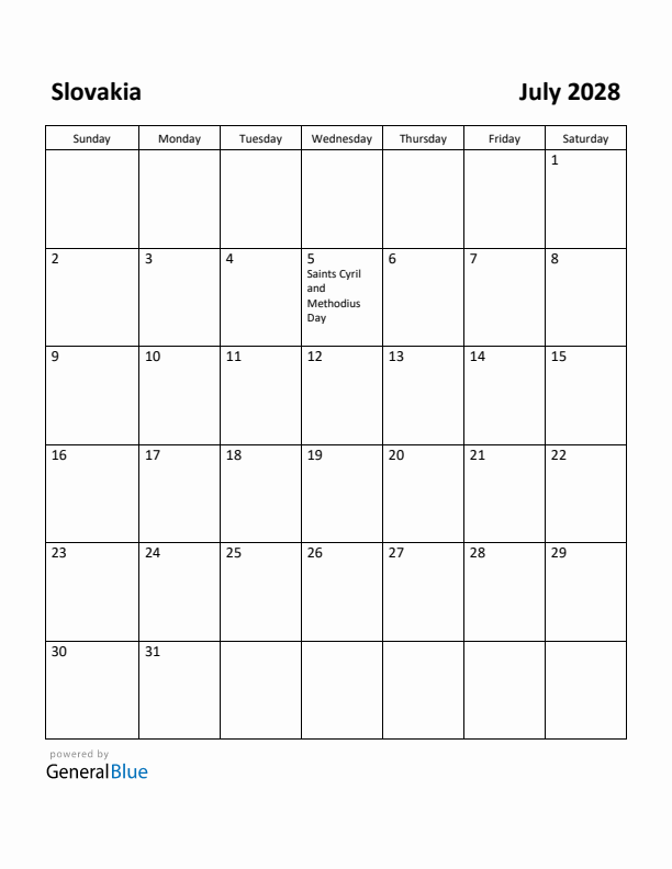 July 2028 Calendar with Slovakia Holidays