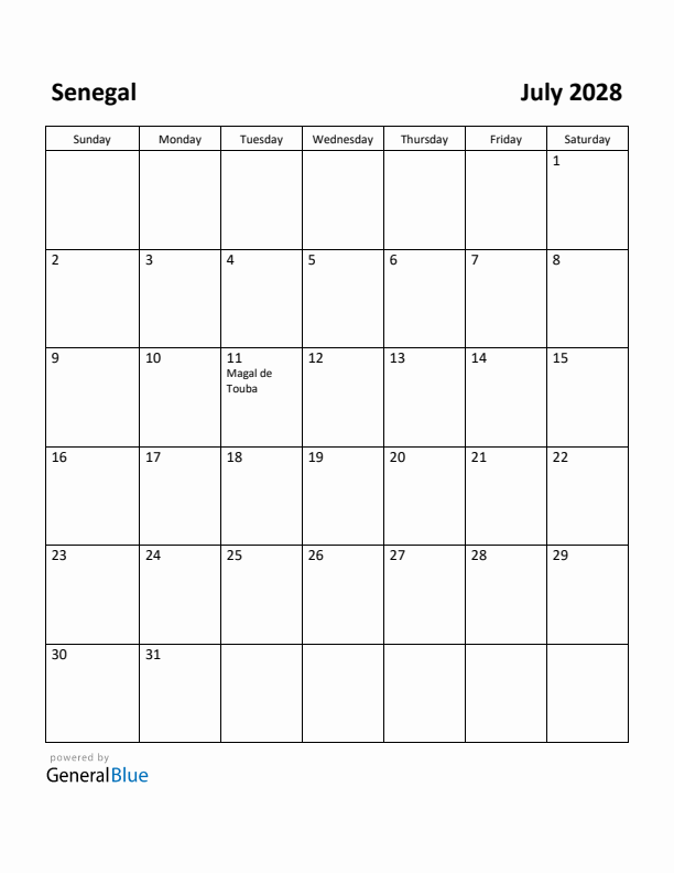 July 2028 Calendar with Senegal Holidays