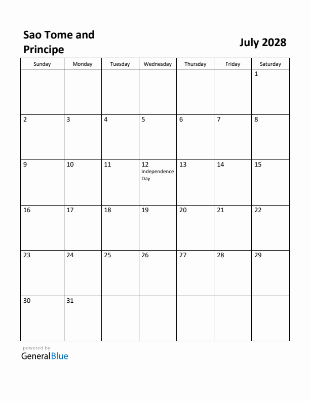 July 2028 Calendar with Sao Tome and Principe Holidays