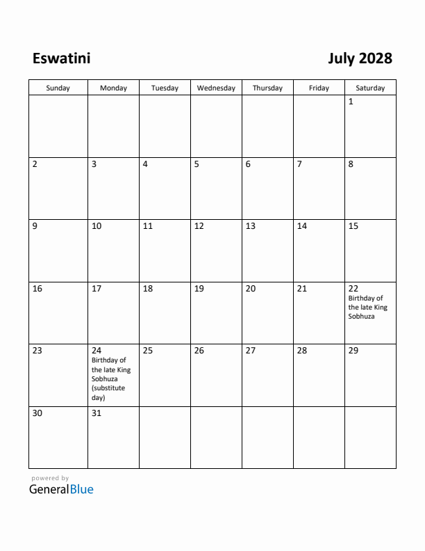 July 2028 Calendar with Eswatini Holidays