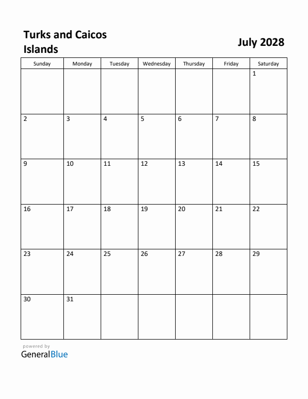July 2028 Calendar with Turks and Caicos Islands Holidays