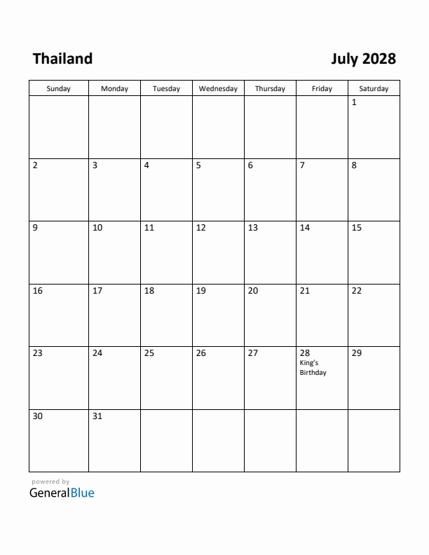 July 2028 Calendar with Thailand Holidays
