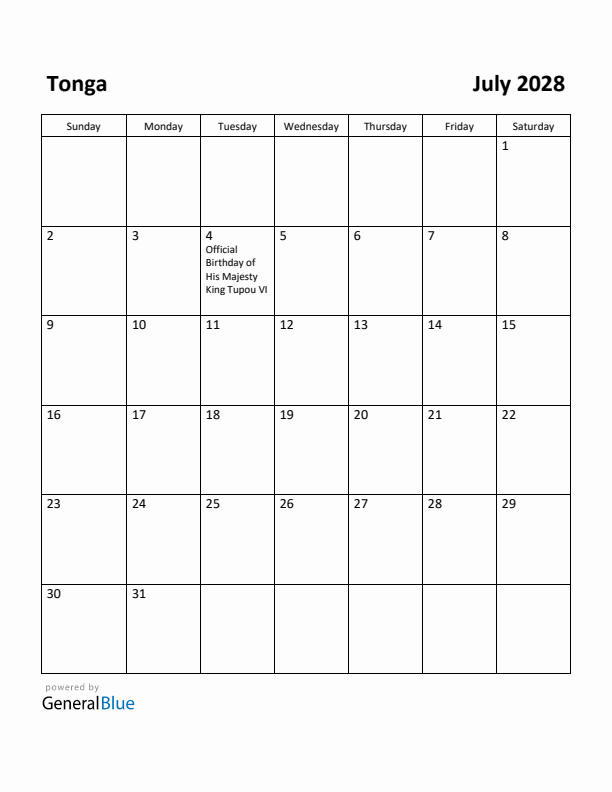July 2028 Calendar with Tonga Holidays