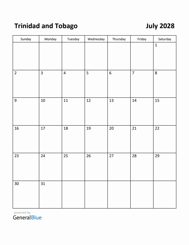 July 2028 Calendar with Trinidad and Tobago Holidays
