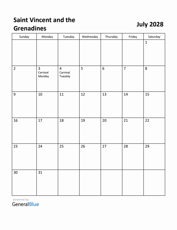 July 2028 Calendar with Saint Vincent and the Grenadines Holidays