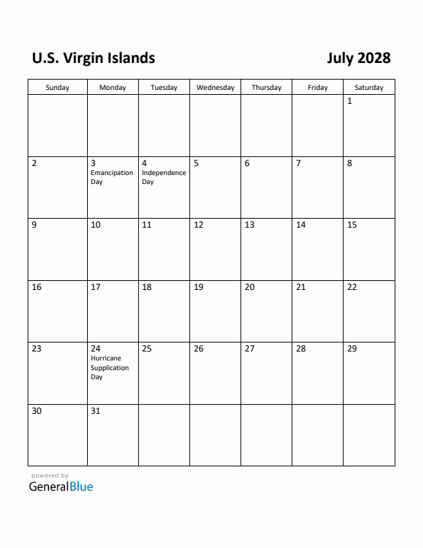 July 2028 Calendar with U.S. Virgin Islands Holidays