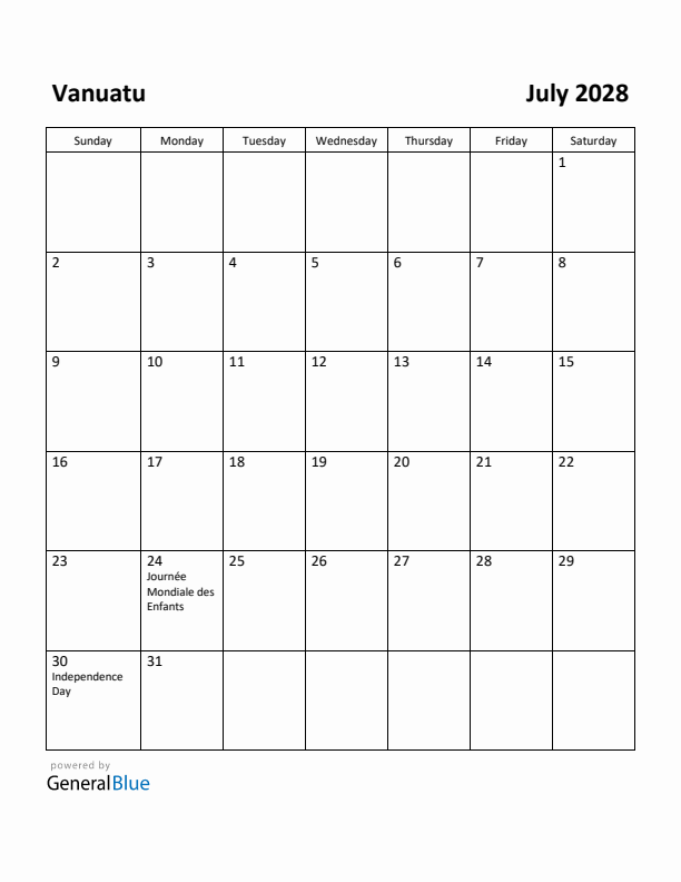 July 2028 Calendar with Vanuatu Holidays