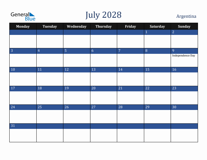 July 2028 Argentina Calendar (Monday Start)