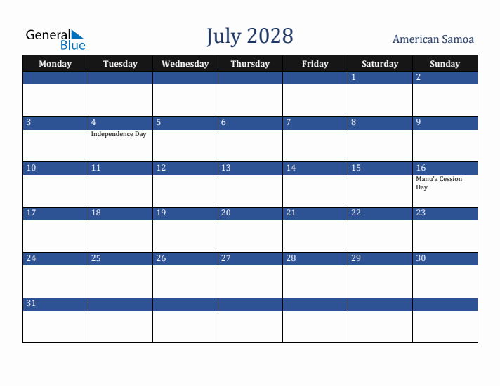 July 2028 American Samoa Calendar (Monday Start)