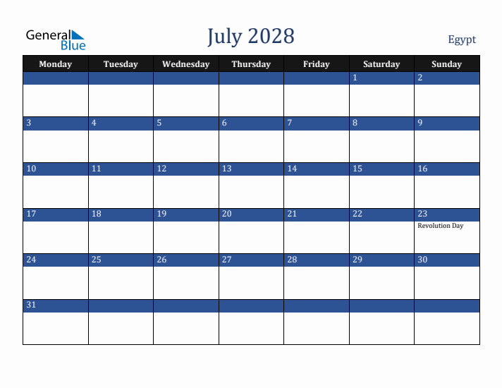 July 2028 Egypt Calendar (Monday Start)