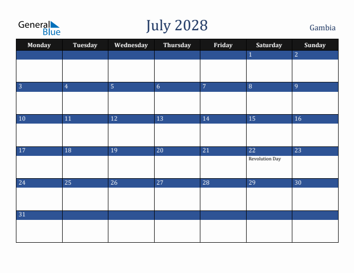 July 2028 Gambia Calendar (Monday Start)