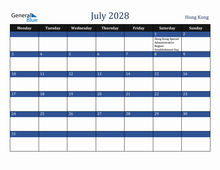 July 2028 Hong Kong Calendar (Monday Start)
