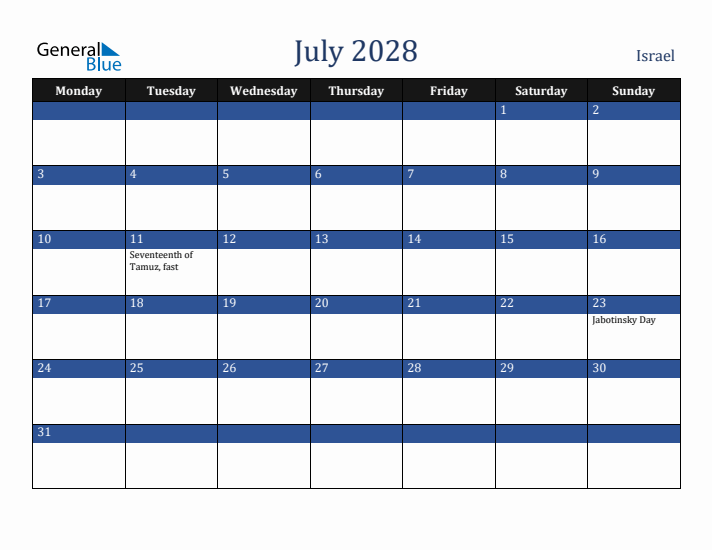 July 2028 Israel Calendar (Monday Start)
