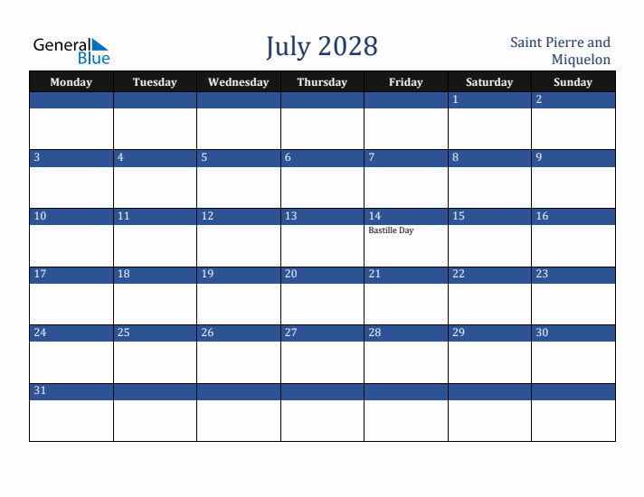 July 2028 Saint Pierre and Miquelon Calendar (Monday Start)