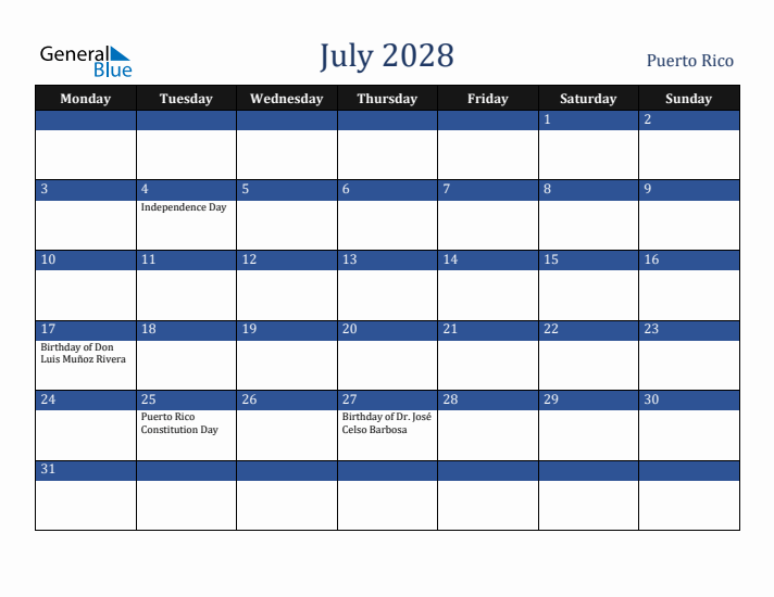 July 2028 Puerto Rico Calendar (Monday Start)