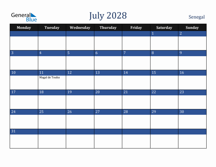 July 2028 Senegal Calendar (Monday Start)
