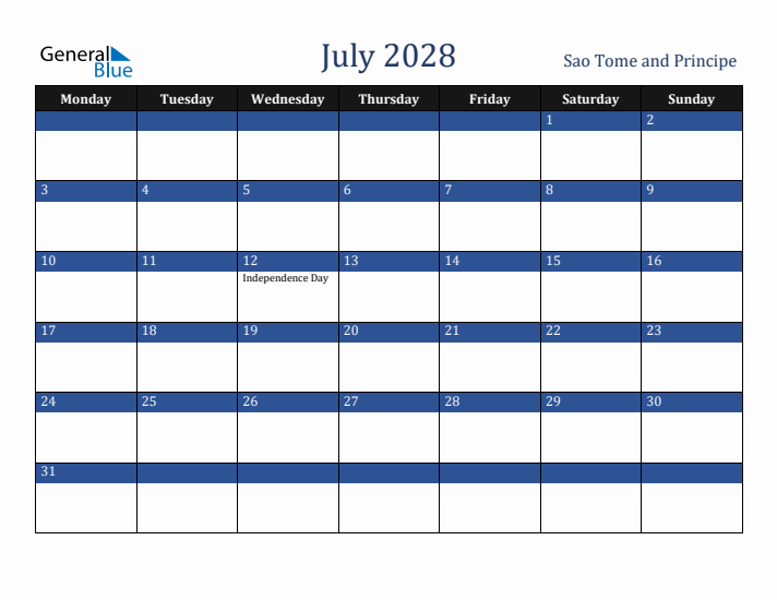 July 2028 Sao Tome and Principe Calendar (Monday Start)
