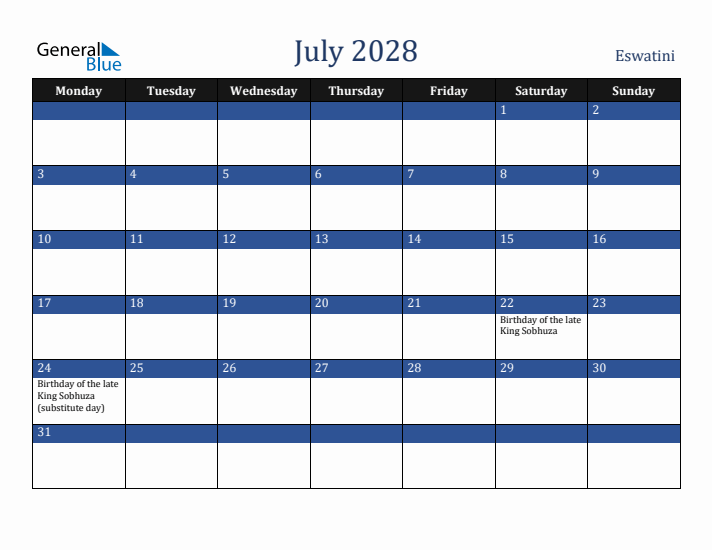 July 2028 Eswatini Calendar (Monday Start)