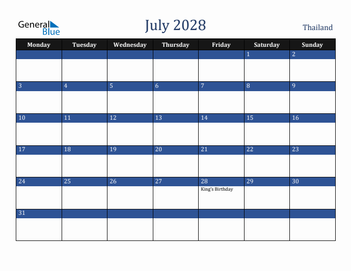 July 2028 Thailand Calendar (Monday Start)