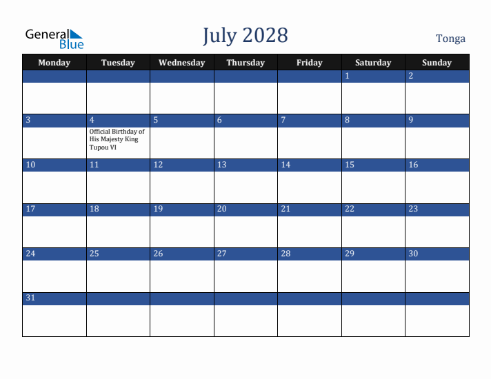 July 2028 Tonga Calendar (Monday Start)