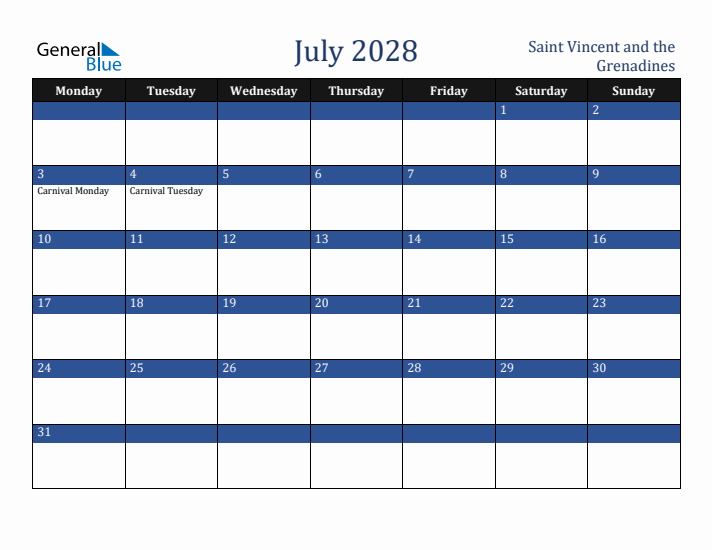 July 2028 Saint Vincent and the Grenadines Calendar (Monday Start)