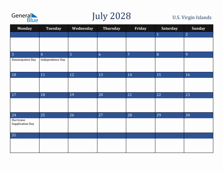 July 2028 U.S. Virgin Islands Calendar (Monday Start)