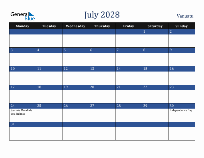 July 2028 Vanuatu Calendar (Monday Start)