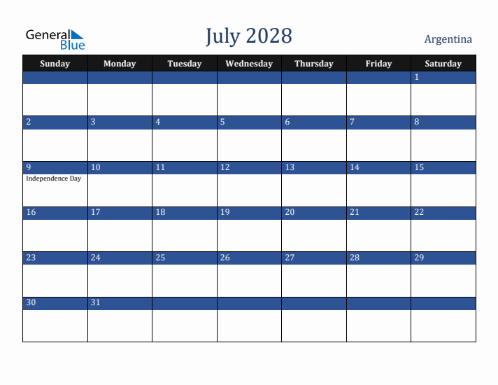 July 2028 Argentina Calendar (Sunday Start)