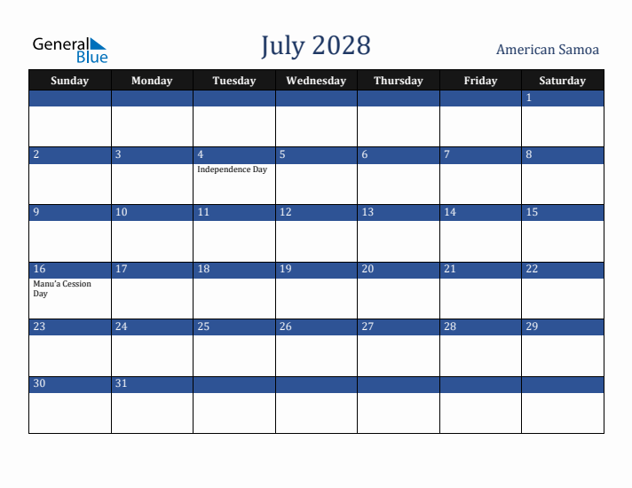 July 2028 American Samoa Calendar (Sunday Start)