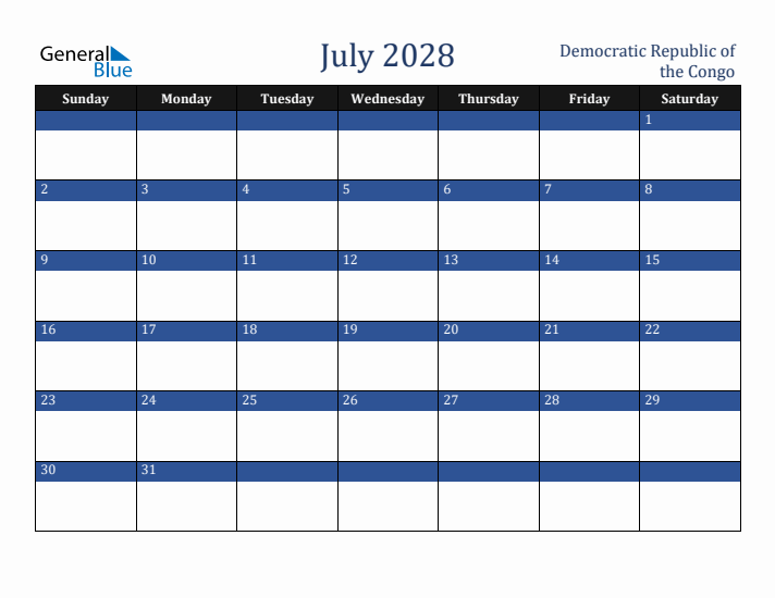 July 2028 Democratic Republic of the Congo Calendar (Sunday Start)