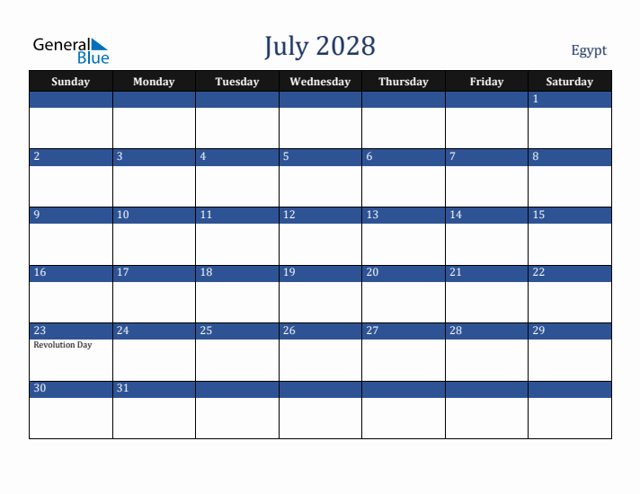 July 2028 Egypt Calendar (Sunday Start)