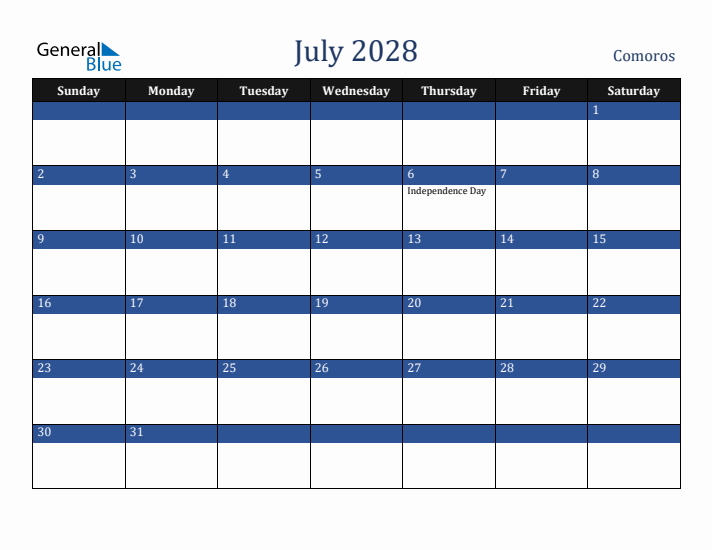 July 2028 Comoros Calendar (Sunday Start)