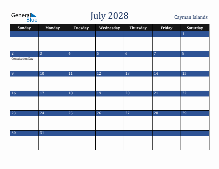 July 2028 Cayman Islands Calendar (Sunday Start)