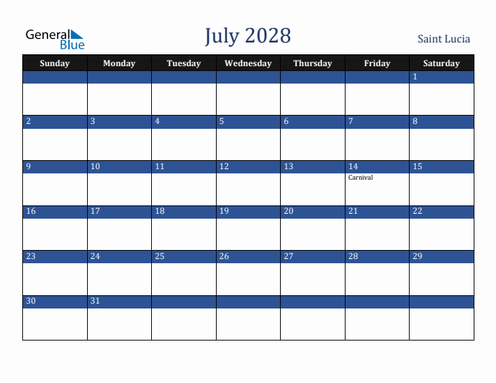 July 2028 Saint Lucia Calendar (Sunday Start)