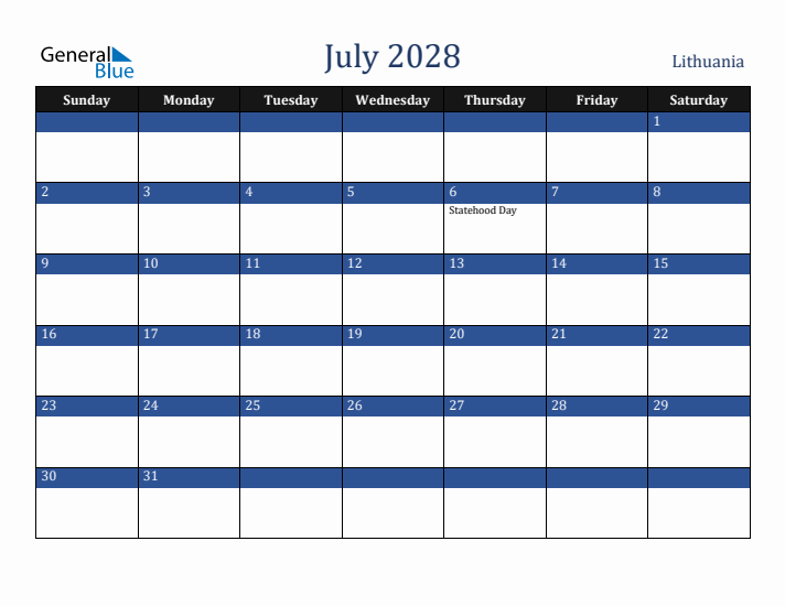 July 2028 Lithuania Calendar (Sunday Start)