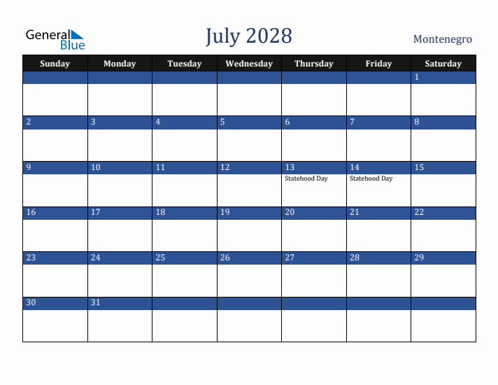 July 2028 Montenegro Calendar (Sunday Start)