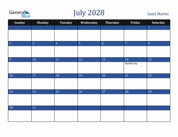July 2028 Saint Martin Calendar (Sunday Start)
