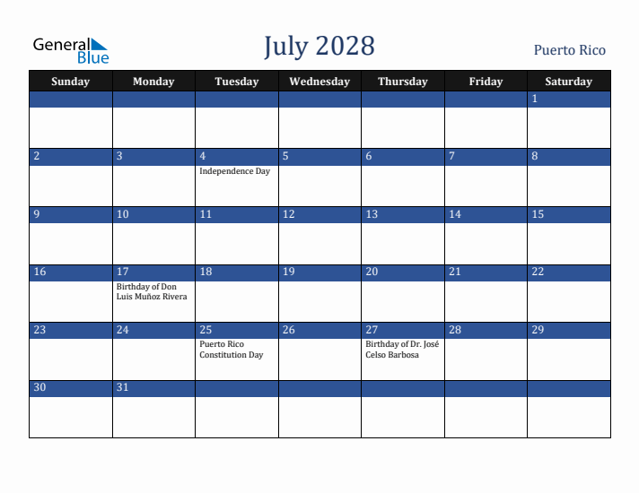 July 2028 Puerto Rico Calendar (Sunday Start)