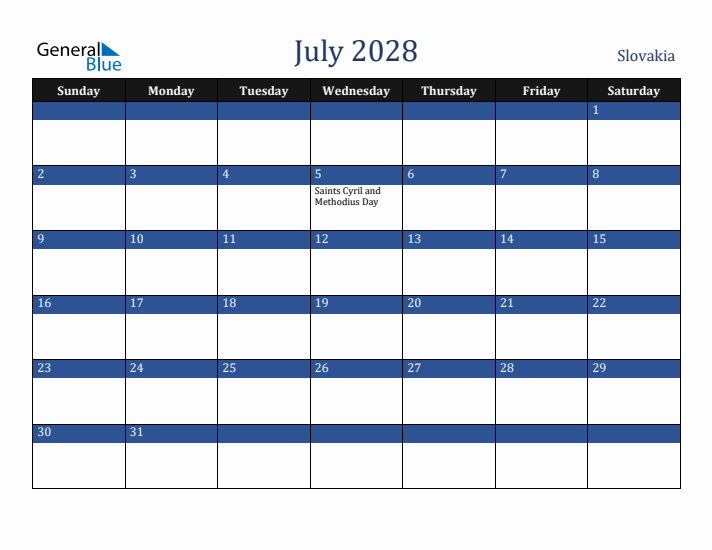 July 2028 Slovakia Calendar (Sunday Start)