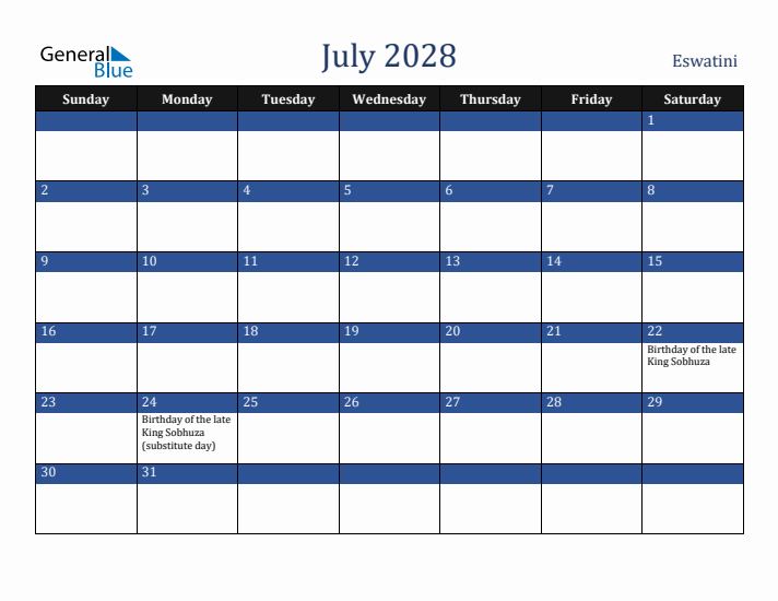 July 2028 Eswatini Calendar (Sunday Start)