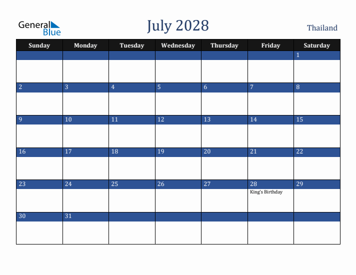 July 2028 Thailand Calendar (Sunday Start)
