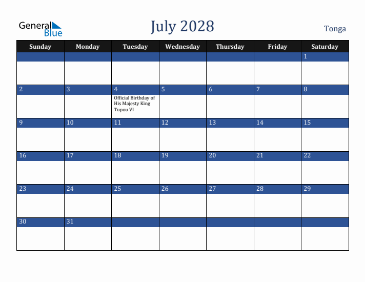 July 2028 Tonga Calendar (Sunday Start)